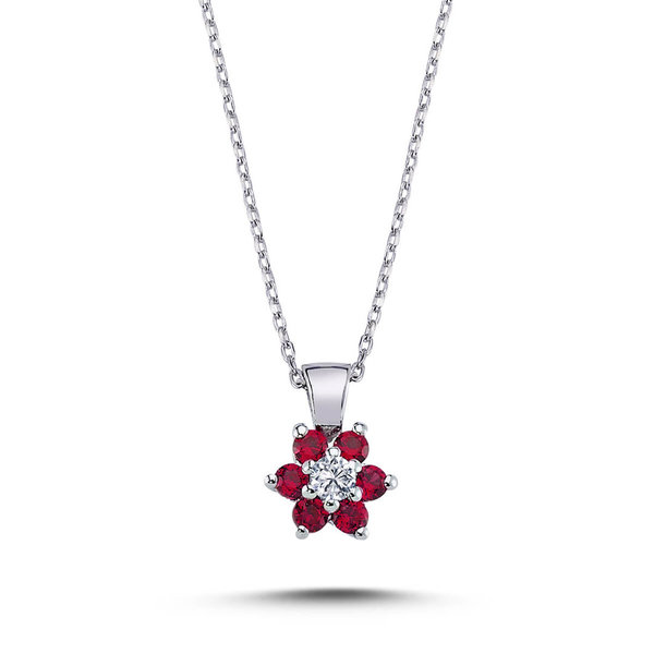 Diamond Ruby Necklace Daisy Pendant 14 carat white gold