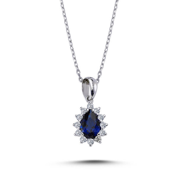 Drop Sapphire Entourage Necklace Diamonds 14 carat white gold