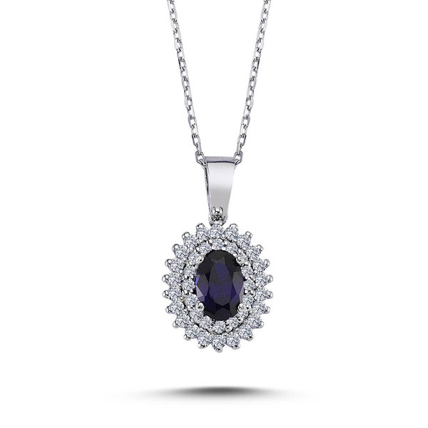 Ovaler Sapphire Entourage Necklace Diamonds 14 carat white gold
