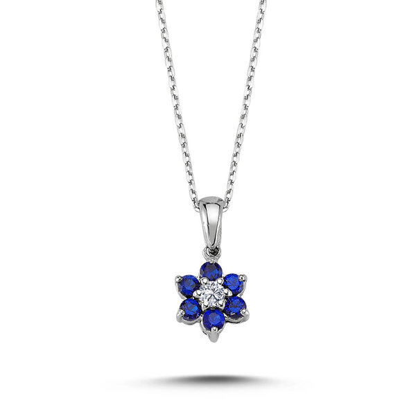 Diamond Sapphire Daisy Necklace 14 carat white gold