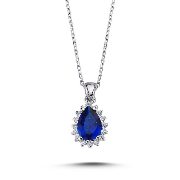 Diamond Drop Sapphire Entourage Necklace 14 carat white gold