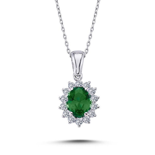 Ovaler Smaragd Entourage Halskette Diamanten 14 Karat Weißgold