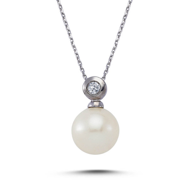 Rund Perlen Halskette Diamant 14 Karat Weißgold