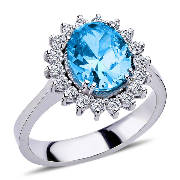 Diamond Oval Bluer Topaz Entourage Ring 14 carat white gold