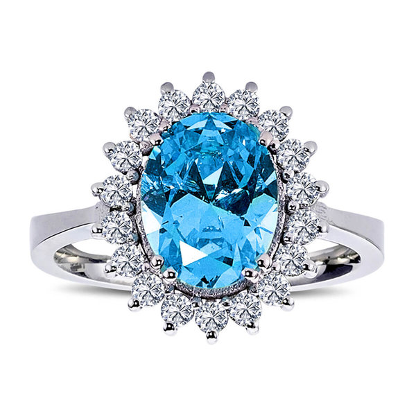 Diamond Oval Bluer Topaz Entourage Ring 14 carat white gold