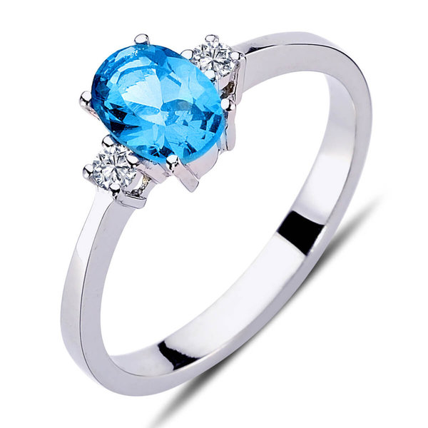 Halo Diamant Ovaler Blauer Topas Ring 14 Karat Weißgold