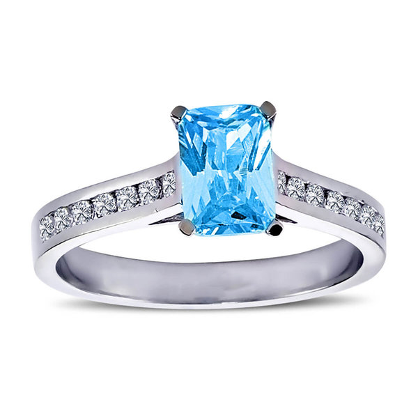 Diamond Oktagon Blue Topaz Ring 14 carat white gold