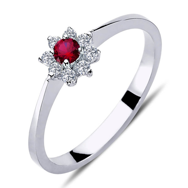 Diamant Rubin Blume Ring 14 Karat Weißgold