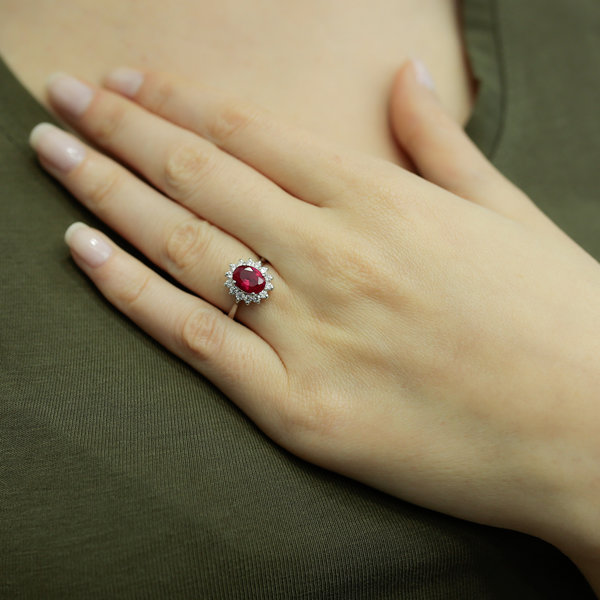 Diamond Oval Ruby Entourage Ring 14 carat white gold