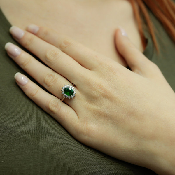 Diamond Oval Emerald Entourage Ring 14 carat white gold