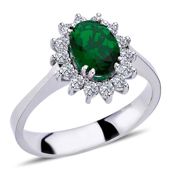 Diamant Oval Smaragd Entourage Halo Ring 14 Karat Weißgold