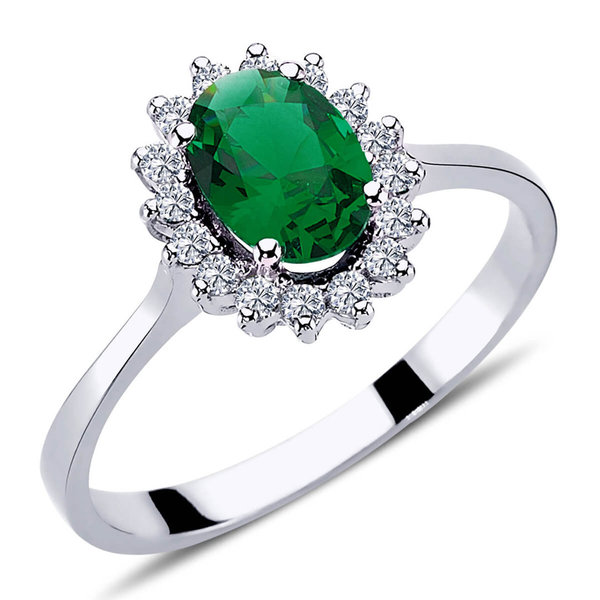 Diamant Oval Smaragd Entourage Ring 14 Karat Weißgold