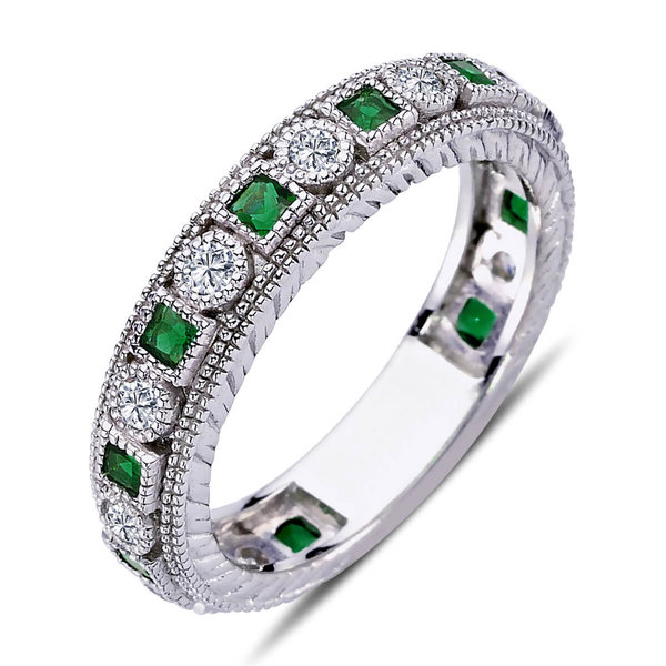 Diamant Princess Smaragd rundum Memoire Ring 14 Karat Weißgold