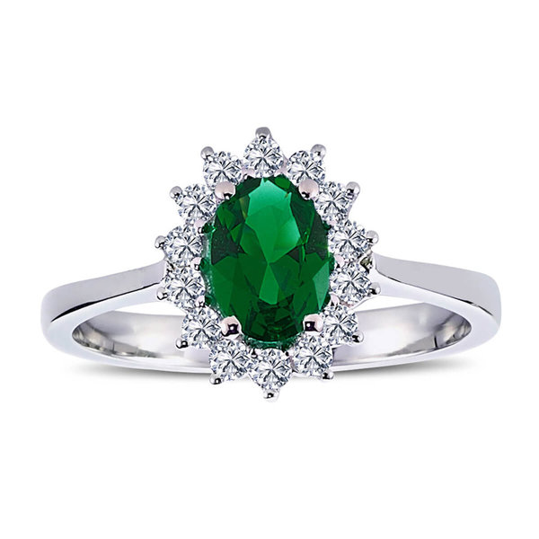 Halo Diamant Oval Smaragd Entourage Ring 14 Karat Weißgold