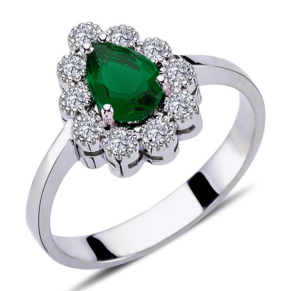 Diamant Drop Smaragd Entourage Ring 14 Karat Weißgold