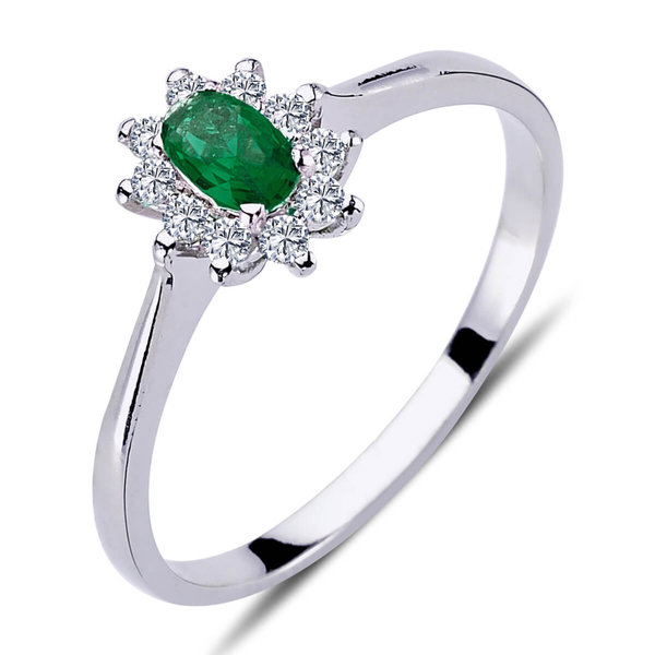 Diamant Oval Smaragd Entourage Ring 14 Karat Weißgold