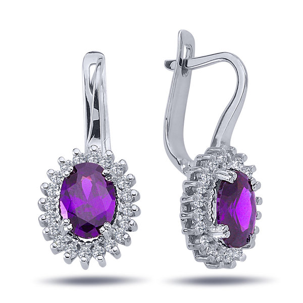 Vintage style earrings with oval amethyst and brilliant cut in 14k white gold