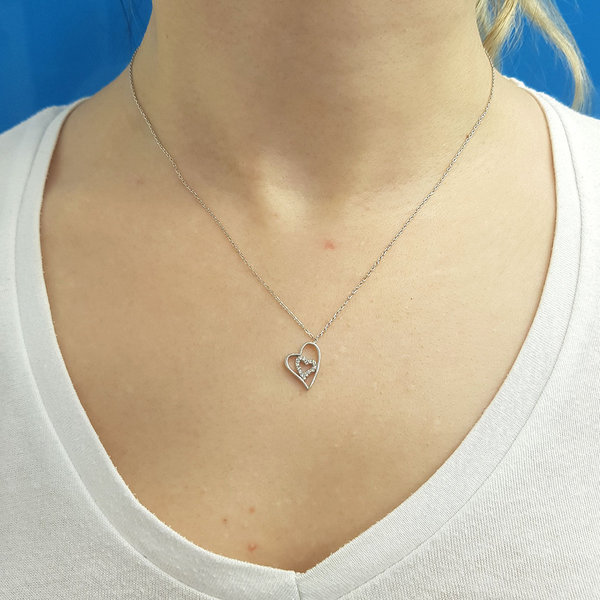 Doppel-Herz Anhänger Halskette mit Diamant in 14 Karat 585'er Weißgold