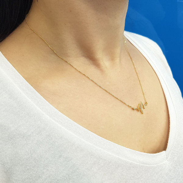 Herzschlag Anhänger Halskette mit Diamanten Brillant-Schliff in 14 Karat Gelbgold