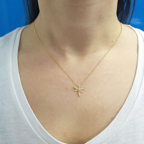 Libelle Diamanten (Brillant-Schliff) Anhänger Halskette 14 Karat Gelbgold
