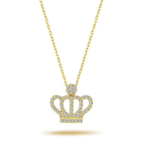 Krone Königin Diamant Anhänger Halskette 14 Karat 585'er Gelbgold